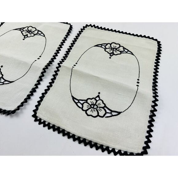 4 Pc Set Vintge Linen Table Runner Dresser Scarf Cutwork Floral Black Embroidery - Picture 5 of 16